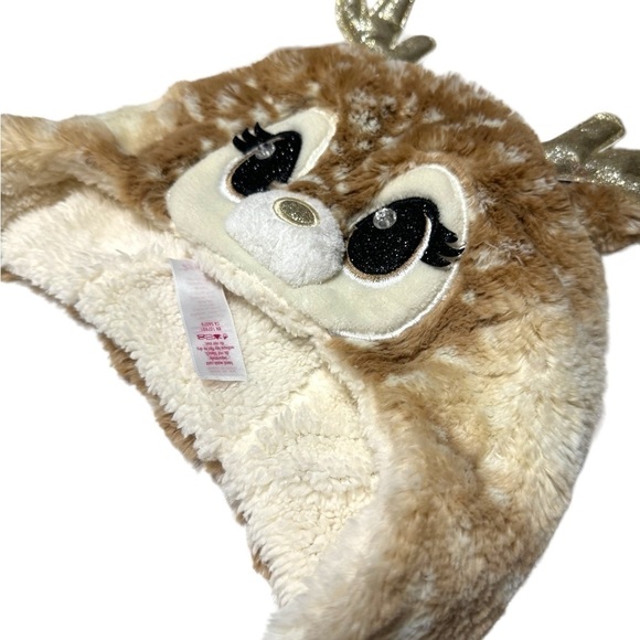 JUSTICE Girl's Deer Earflap Beanie Hat with Matching Gloves Set Cream One Sz EUC - Picture 3 of 15